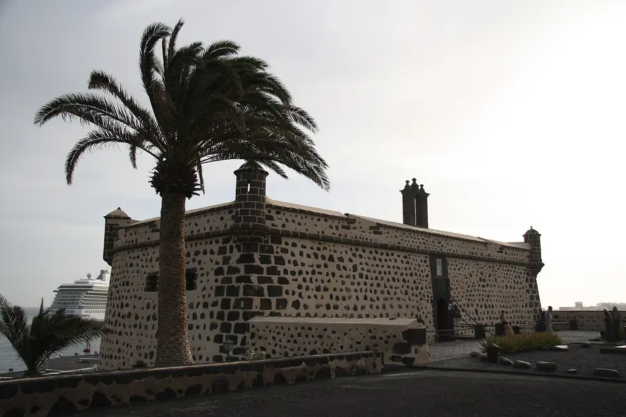 Castillo de San José fortress behind a palm tree, Arrecife