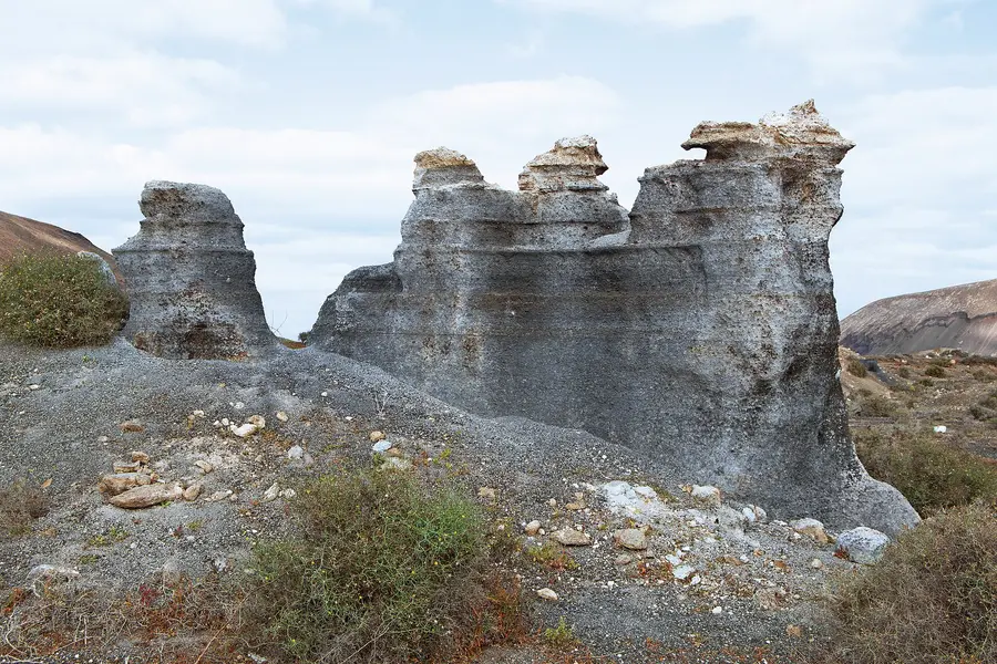 Erosion of tephra layers, between Teseguite and Guatiza, Lanzarote, Canary Islands, Spain.