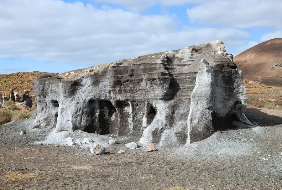 Erosion of tephra layers, between Teseguite and Guatiza, Lanzarote, Canary Islands, Spain.